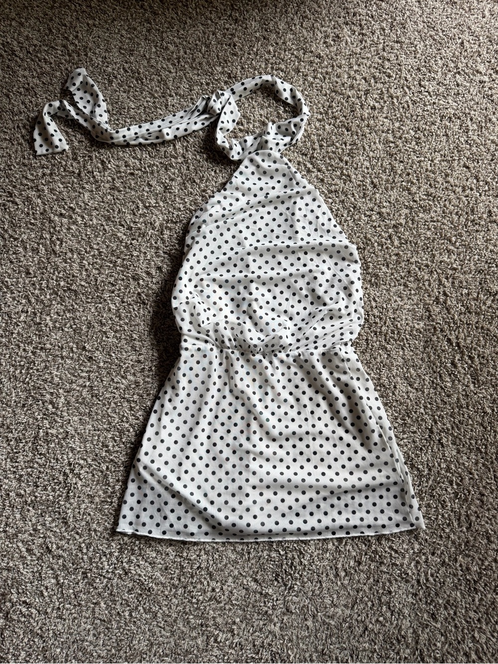 Backless Halter Polka Dot Dress - White with Black Dots